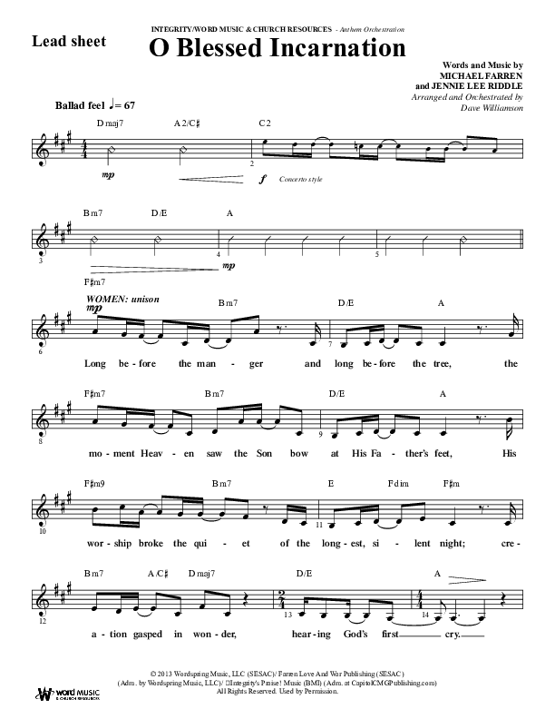 O Blessed Incarnation (Choral Anthem SATB) Lead Sheet (Melody) (Word Music Choral / Arr. Dave Williamson)