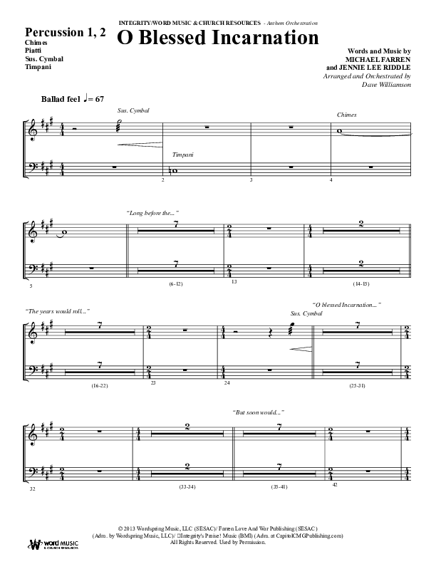 O Blessed Incarnation (Choral Anthem SATB) Percussion 1/2 (Word Music Choral / Arr. Dave Williamson)