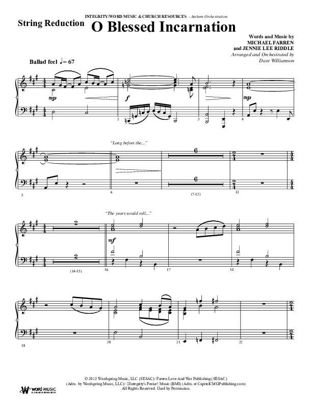 O Blessed Incarnation (Choral Anthem SATB) String Reduction (Word Music Choral / Arr. Dave Williamson)