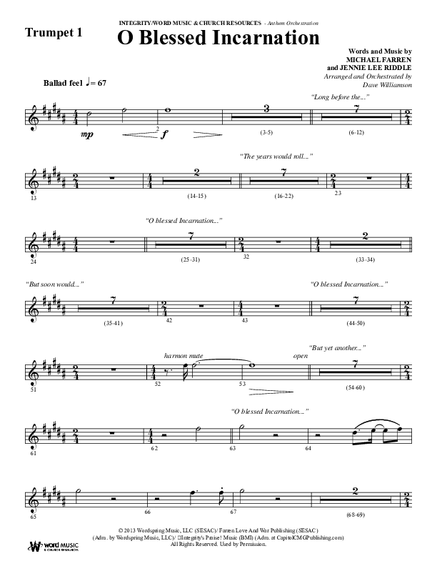 O Blessed Incarnation (Choral Anthem SATB) Trumpet 1 (Word Music Choral / Arr. Dave Williamson)