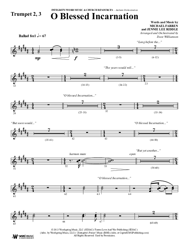 O Blessed Incarnation (Choral Anthem SATB) Trumpet 2/3 (Word Music Choral / Arr. Dave Williamson)