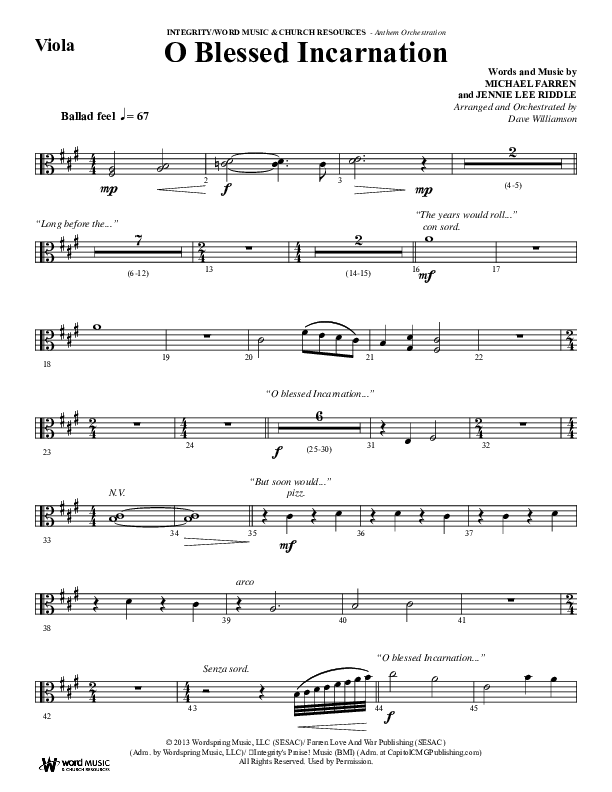 O Blessed Incarnation (Choral Anthem SATB) Viola (Word Music Choral / Arr. Dave Williamson)