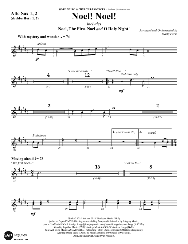 Noel Noel (Choral Anthem SATB) Alto Sax 1/2 (Word Music Choral / Arr. Marty Parks)