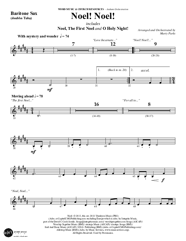 Noel Noel (Instrumental) Bari Sax (Word Music Choral / Arr. Marty Parks)