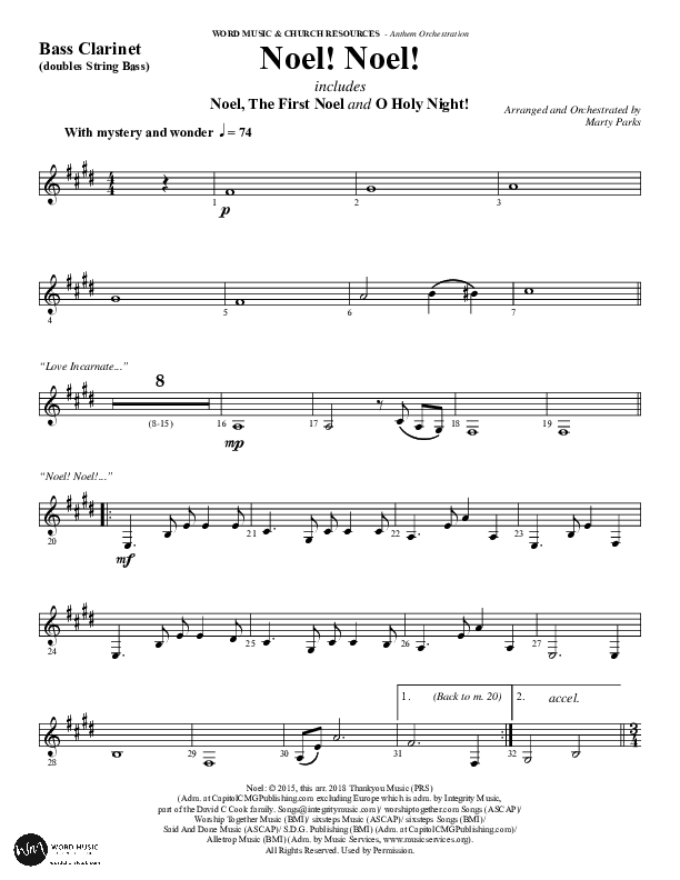 Noel Noel (Choral Anthem SATB) Bass Clarinet (Word Music Choral / Arr. Marty Parks)