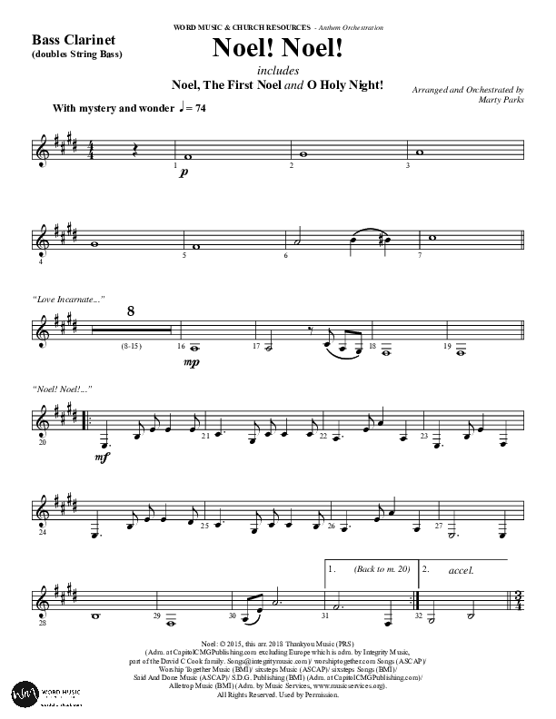 Noel Noel (Instrumental) Bass Clarinet (Word Music Choral / Arr. Marty Parks)