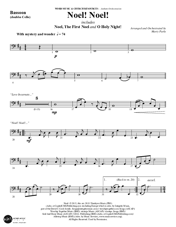 Noel Noel (Choral Anthem SATB) Bassoon (Word Music Choral / Arr. Marty Parks)