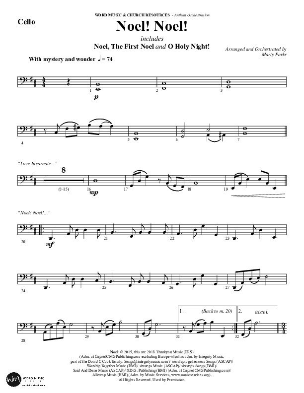 Noel Noel (Instrumental) Cello (Word Music Choral / Arr. Marty Parks)