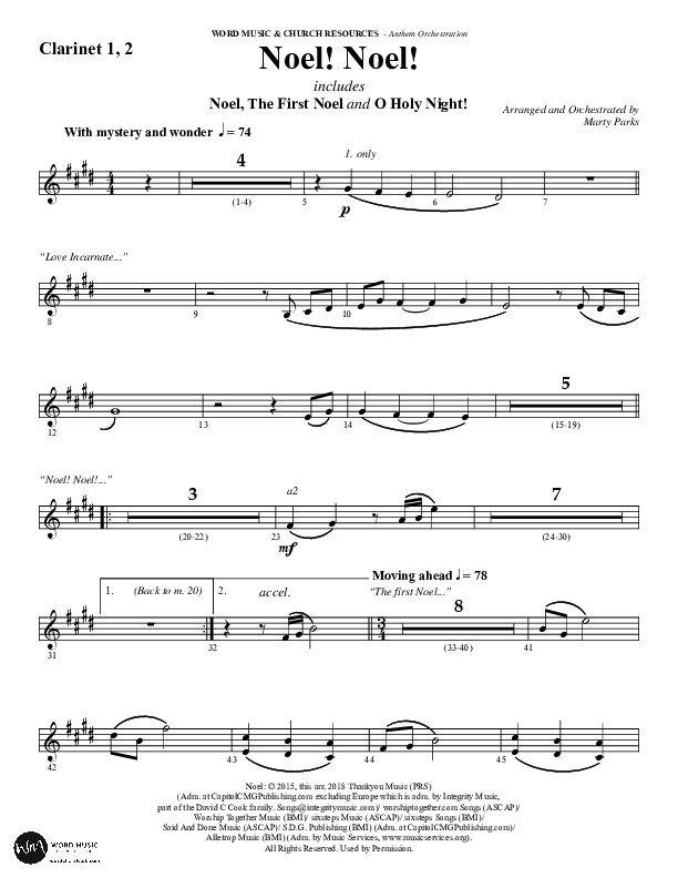 Noel Noel (Choral Anthem SATB) Clarinet 1/2 (Word Music Choral / Arr. Marty Parks)
