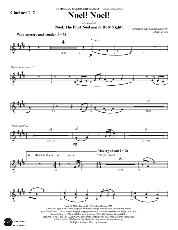Noel Noel (Instrumental) Clarinet 1/2 (Word Music Choral / Arr. Marty Parks)
