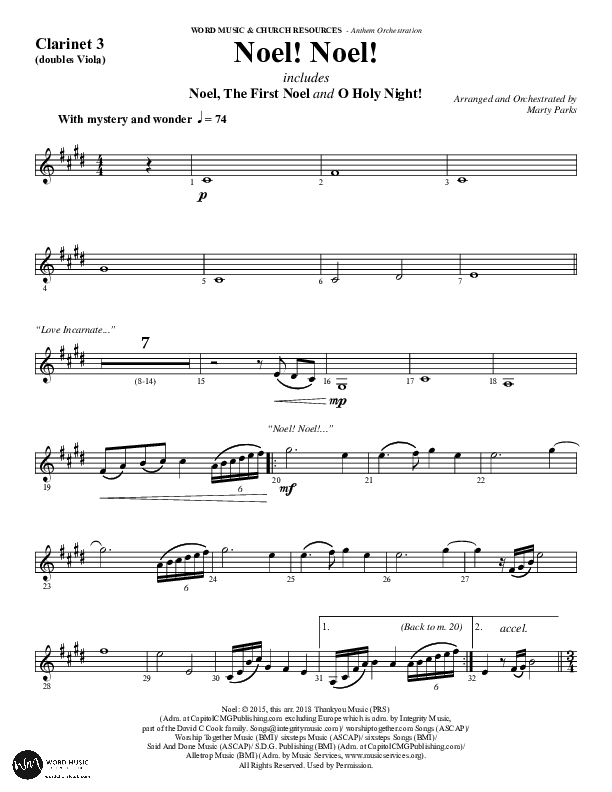 Noel Noel (Instrumental) Clarinet 3 (Word Music Choral / Arr. Marty Parks)