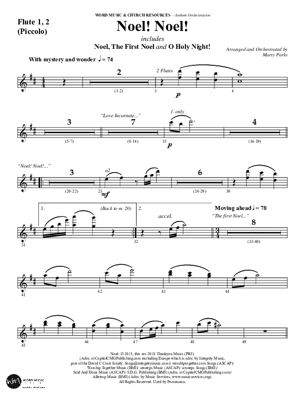 Noel Noel (Instrumental) Flute 1/2 (Word Music Choral / Arr. Marty Parks)