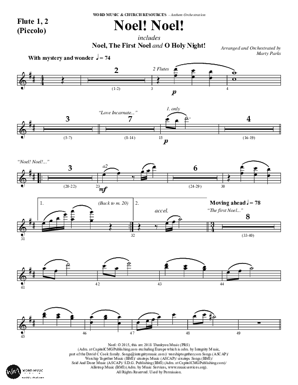 Noel Noel (Choral Anthem SATB) Flute 1/2 (Word Music Choral / Arr. Marty Parks)