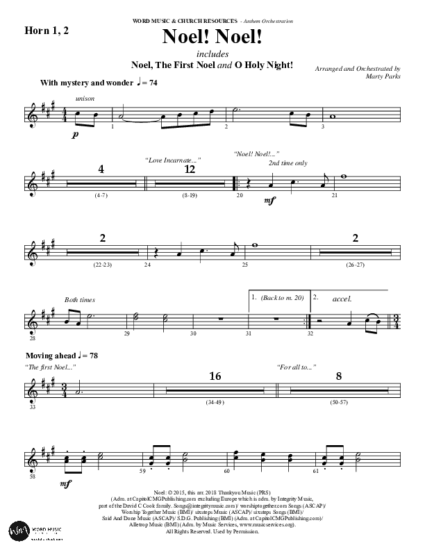 Noel Noel (Instrumental) French Horn 1/2 (Word Music Choral / Arr. Marty Parks)