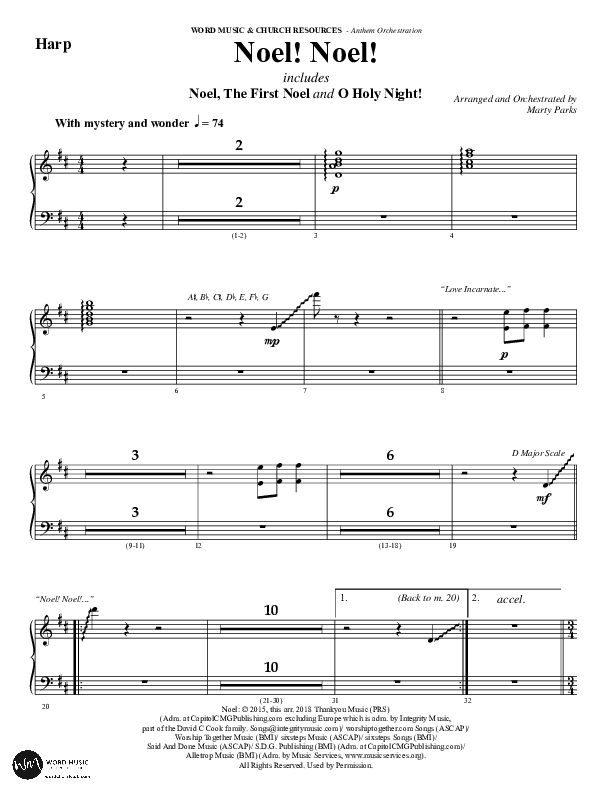 Noel Noel (Instrumental) Harp (Word Music Choral / Arr. Marty Parks)