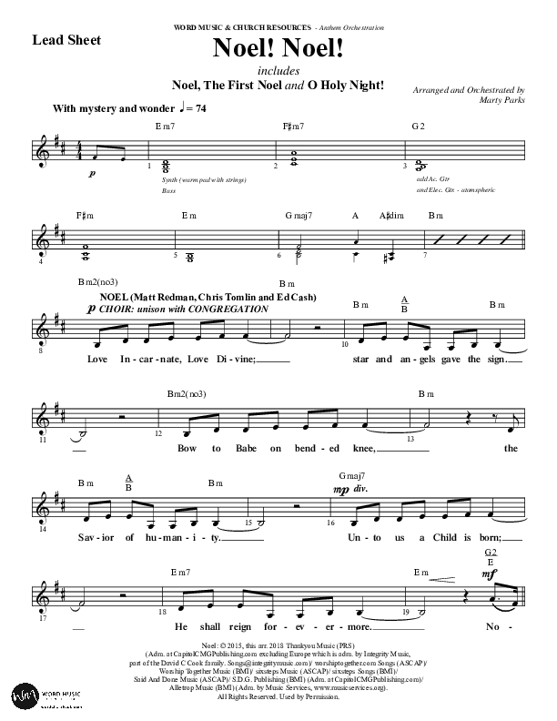 Noel Noel (Instrumental) Lead Sheet (Melody) (Word Music Choral / Arr. Marty Parks)