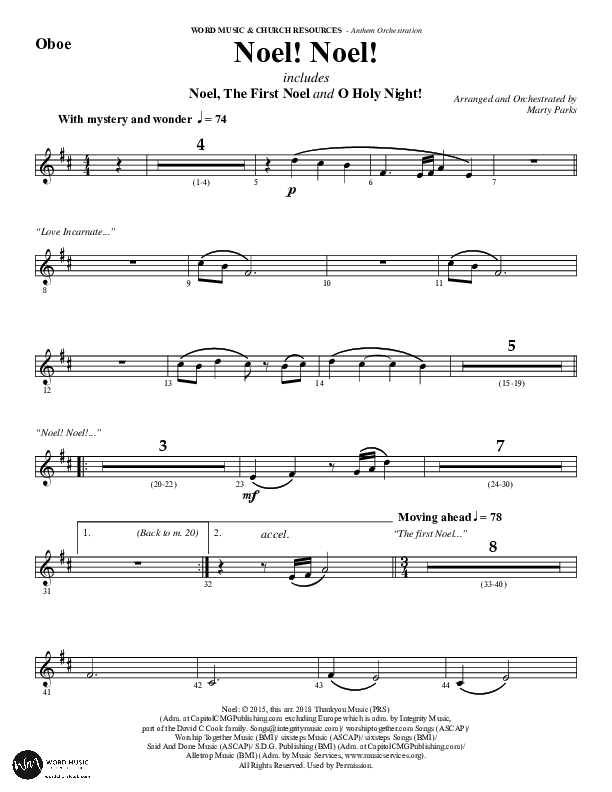 Noel Noel (Choral Anthem SATB) Oboe (Word Music Choral / Arr. Marty Parks)