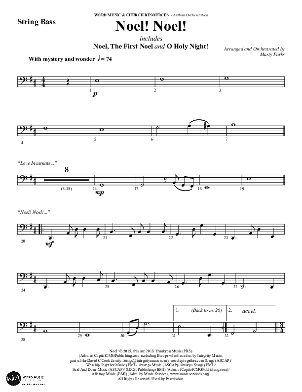 Noel Noel (Choral Anthem SATB) String Bass (Word Music Choral / Arr. Marty Parks)