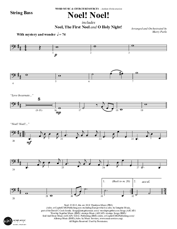 Noel Noel (Instrumental) String Bass (Word Music Choral / Arr. Marty Parks)