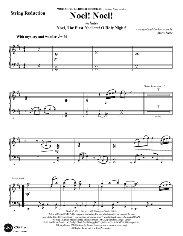 Noel Noel (Choral Anthem SATB) String Reduction (Word Music Choral / Arr. Marty Parks)
