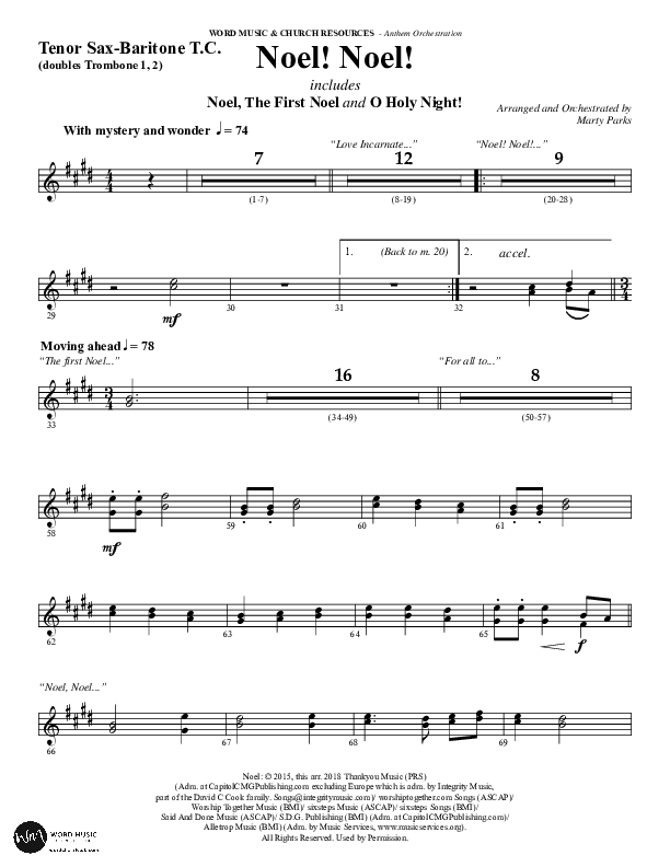 Noel Noel (Choral Anthem SATB) Tenor Sax/Baritone T.C. (Word Music Choral / Arr. Marty Parks)