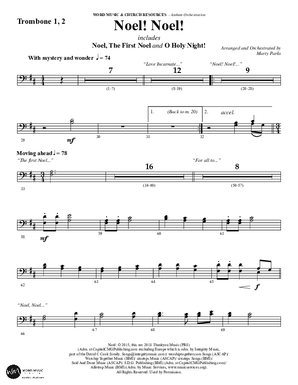 Noel Noel (Instrumental) Trombone 1/2 (Word Music Choral / Arr. Marty Parks)