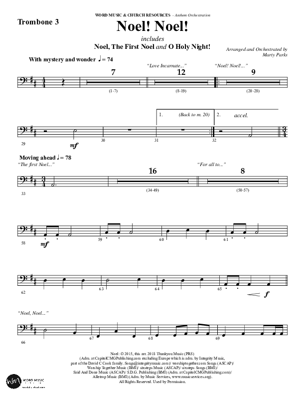 Noel Noel (Choral Anthem SATB) Trombone 3 (Word Music Choral / Arr. Marty Parks)