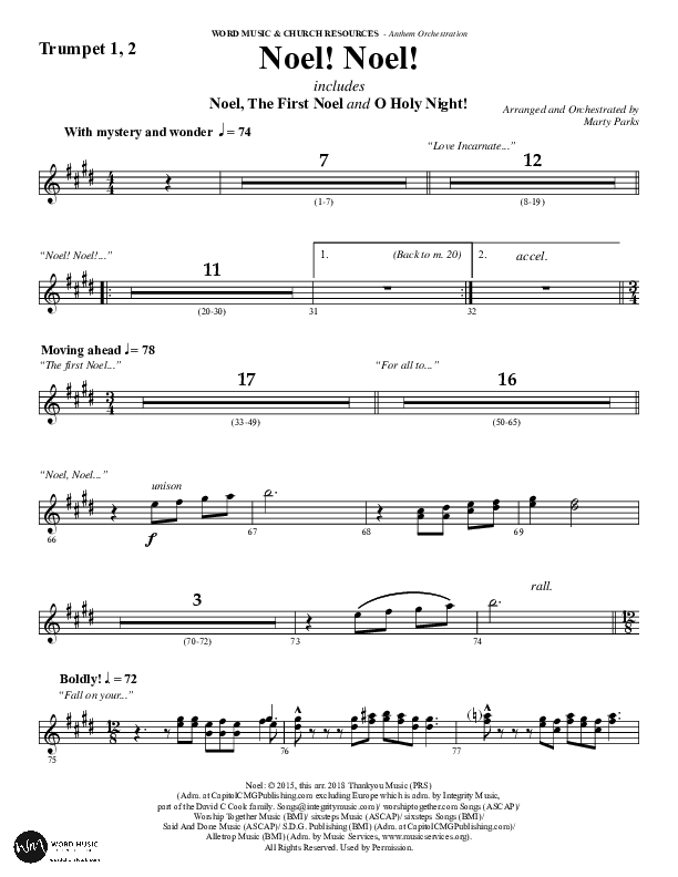 Noel Noel (Choral Anthem SATB) Trumpet 1,2 (Word Music Choral / Arr. Marty Parks)