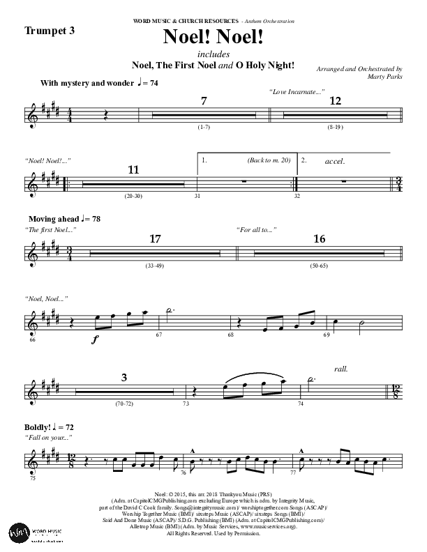 Noel Noel (Choral Anthem SATB) Trumpet 3 (Word Music Choral / Arr. Marty Parks)