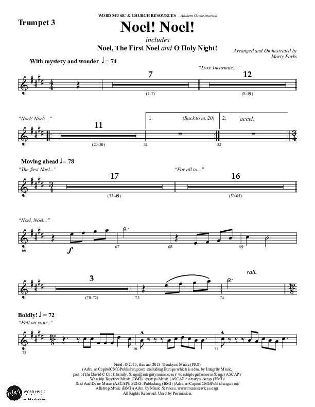Noel Noel (Instrumental) Trumpet 3 (Word Music Choral / Arr. Marty Parks)