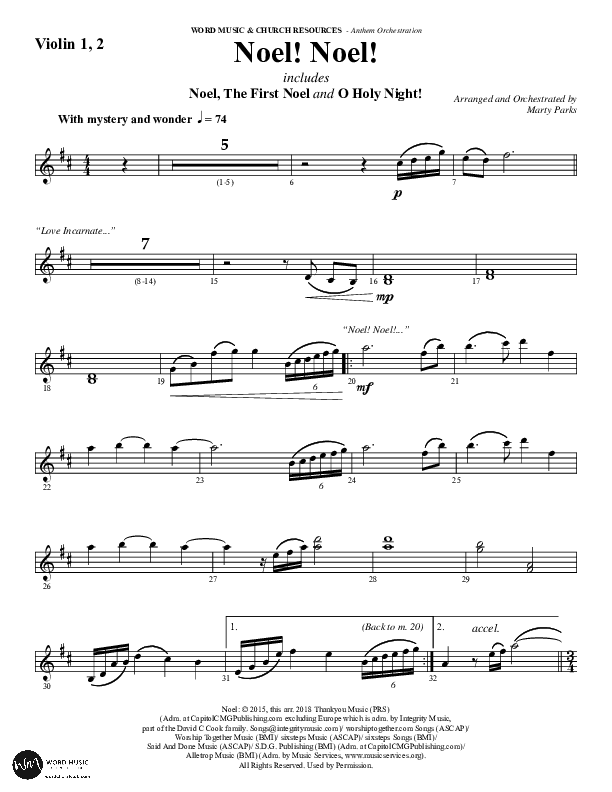 Noel Noel (Choral Anthem SATB) Violin 1/2 (Word Music Choral / Arr. Marty Parks)
