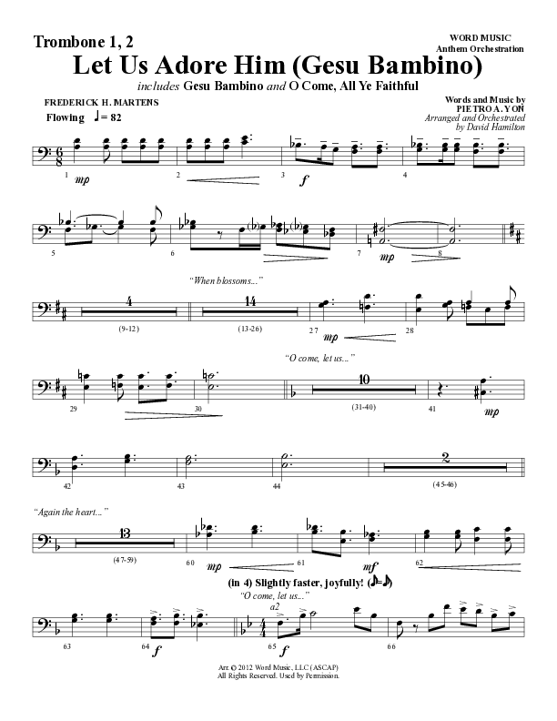 Let Us Adore Him (Gesu Bambino) (Choral Anthem SATB) Trombone 1/2 (Word Music Choral / Arr. David Hamilton)