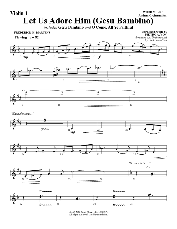 Let Us Adore Him (Gesu Bambino) (Choral Anthem SATB) Violin 1 (Word Music Choral / Arr. David Hamilton)