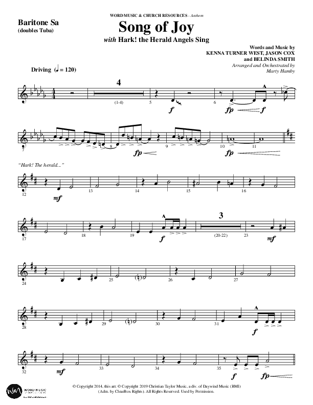 Song Of Joy with Hark The Herald Angels Sing (Choral Anthem SATB) Bari Sax (Word Music Choral / Arr. Marty Parks)