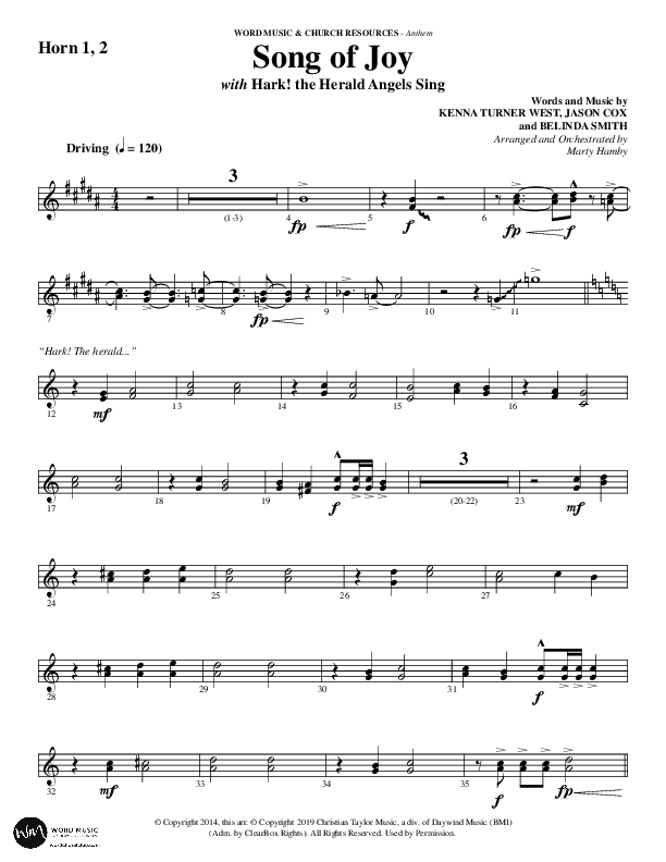 Song Of Joy with Hark The Herald Angels Sing (Choral Anthem SATB) French Horn 1/2 (Word Music Choral / Arr. Marty Parks)