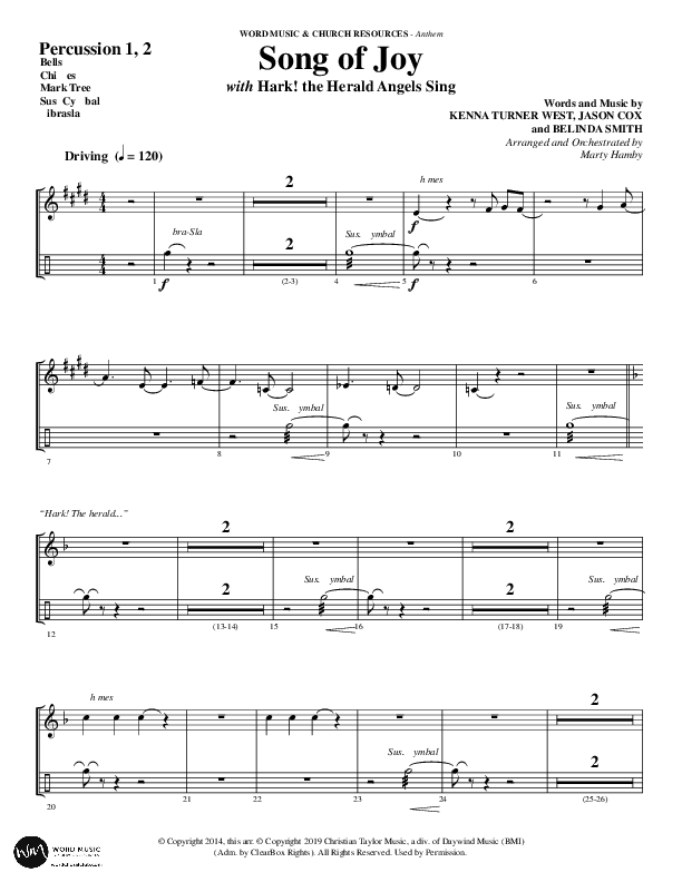 Song Of Joy with Hark The Herald Angels Sing (Choral Anthem SATB) Percussion 1/2 (Word Music Choral / Arr. Marty Parks)