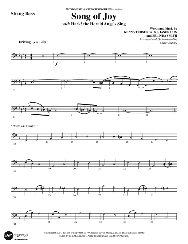 Song Of Joy with Hark The Herald Angels Sing (Choral Anthem SATB) String Bass (Word Music Choral / Arr. Marty Parks)