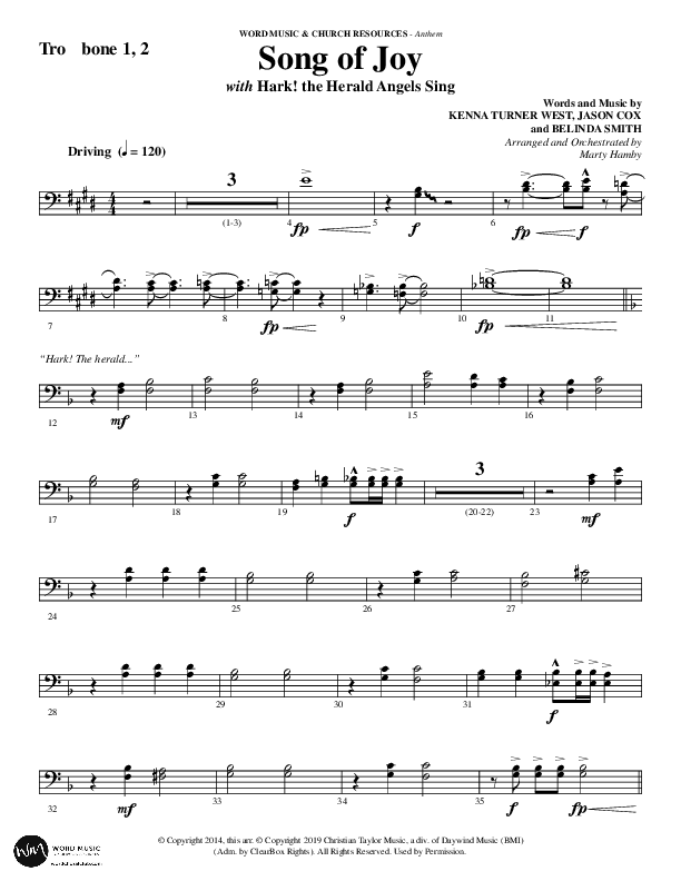 Song Of Joy with Hark The Herald Angels Sing (Choral Anthem SATB) Trombone 1/2 (Word Music Choral / Arr. Marty Parks)