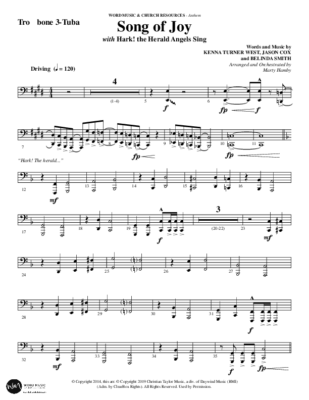 Song Of Joy with Hark The Herald Angels Sing (Choral Anthem SATB) Trombone 3/Tuba (Word Music Choral / Arr. Marty Parks)