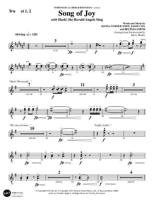 Song Of Joy with Hark The Herald Angels Sing (Choral Anthem SATB) Trumpet 1,2 (Word Music Choral / Arr. Marty Parks)