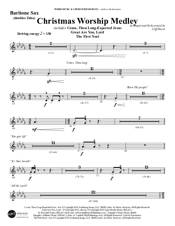 Christmas Worship Medley with Come Thou Long Expected Jesus, Great Are You Lord, The First Noel (Choral Anthem SATB) Bari Sax (Word Music Choral / Arr. Cliff Duren)