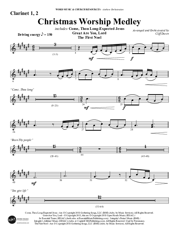 Christmas Worship Medley with Come Thou Long Expected Jesus, Great Are You Lord, The First Noel (Choral Anthem SATB) Clarinet 1/2 (Word Music Choral / Arr. Cliff Duren)