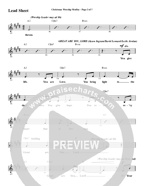 Christmas Worship Medley with Come Thou Long Expected Jesus, Great Are You Lord, The First Noel (Choral Anthem SATB) Lead Sheet (Melody) (Word Music Choral / Arr. Cliff Duren)