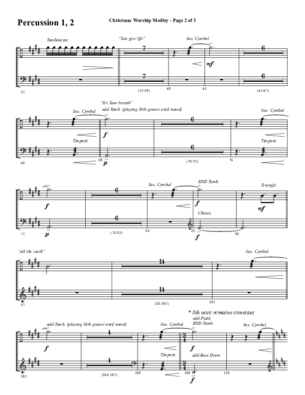Christmas Worship Medley with Come Thou Long Expected Jesus, Great Are You Lord, The First Noel (Choral Anthem SATB) Percussion 1/2 (Word Music Choral / Arr. Cliff Duren)