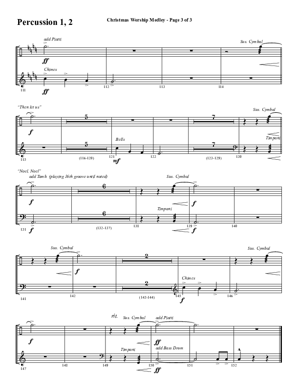 Christmas Worship Medley with Come Thou Long Expected Jesus, Great Are You Lord, The First Noel (Choral Anthem SATB) Percussion 1/2 (Word Music Choral / Arr. Cliff Duren)