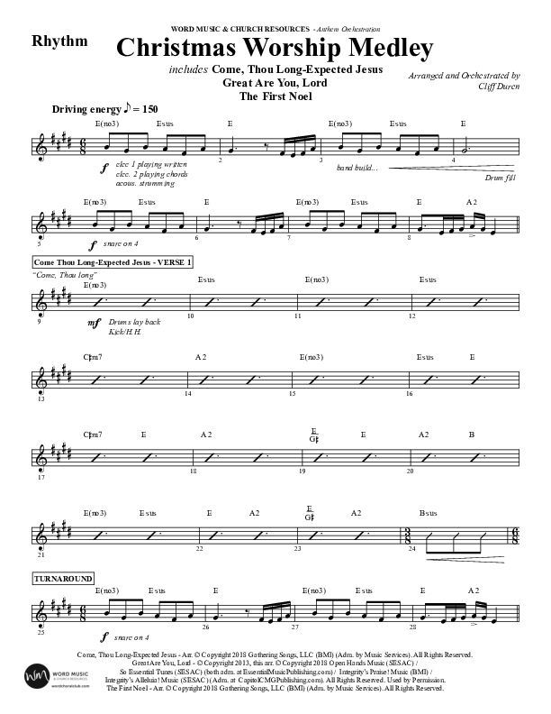 Christmas Worship Medley with Come Thou Long Expected Jesus, Great Are You Lord, The First Noel (Choral Anthem SATB) Rhythm Chart (Word Music Choral / Arr. Cliff Duren)