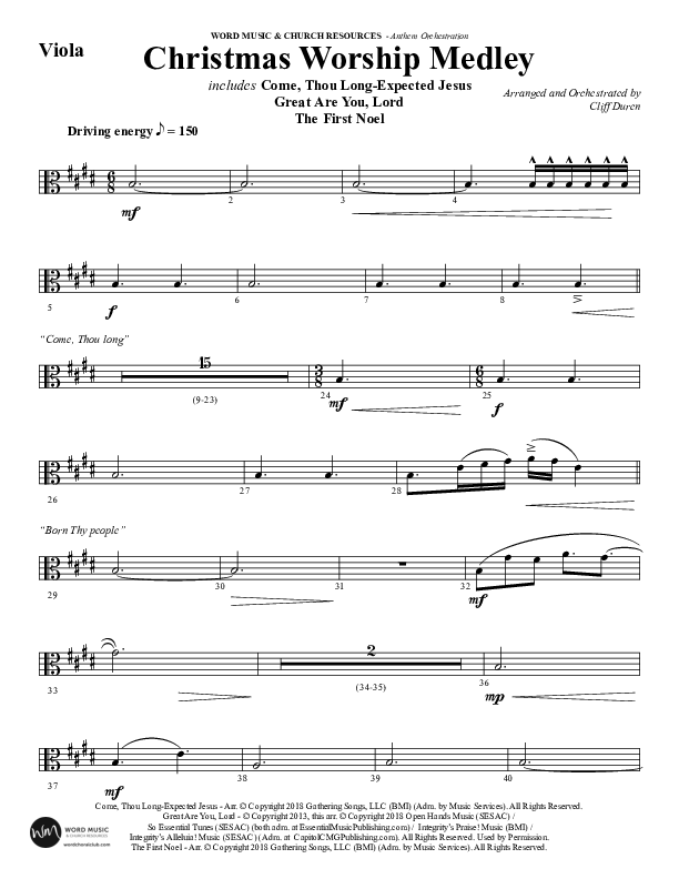 Christmas Worship Medley with Come Thou Long Expected Jesus, Great Are You Lord, The First Noel (Choral Anthem SATB) Viola (Word Music Choral / Arr. Cliff Duren)