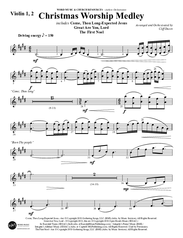 Christmas Worship Medley with Come Thou Long Expected Jesus, Great Are You Lord, The First Noel (Choral Anthem SATB) Violin 1/2 (Word Music Choral / Arr. Cliff Duren)