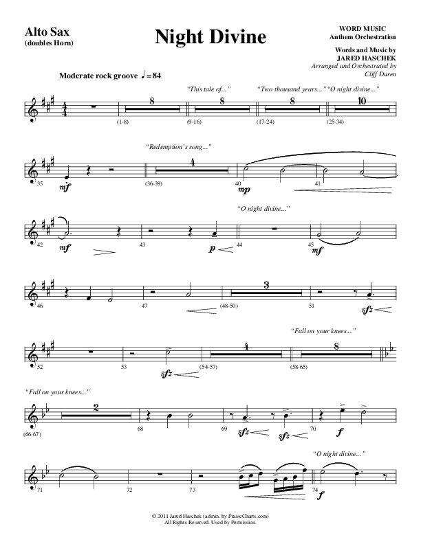 Night Divine (Choral Anthem SATB) Alto Sax (Word Music Choral / Arr. Cliff Duren)