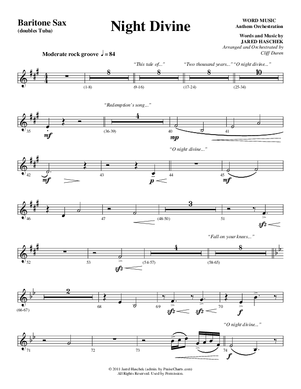 Night Divine (Choral Anthem SATB) Bari Sax (Word Music Choral / Arr. Cliff Duren)